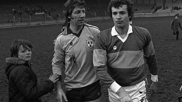 Gay O'Driscoll of Dublin, centre, with, Mike Sheehy of Kerry following the 1976 GAA All-Ireland Football Championship Final match between Dublin and Kerry at Croke Park in Dublin. 