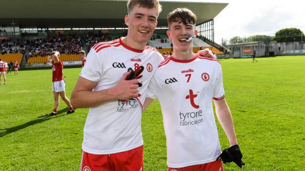 Tyrone players Ronan Donnelly and Matthew Mallon celebrate.