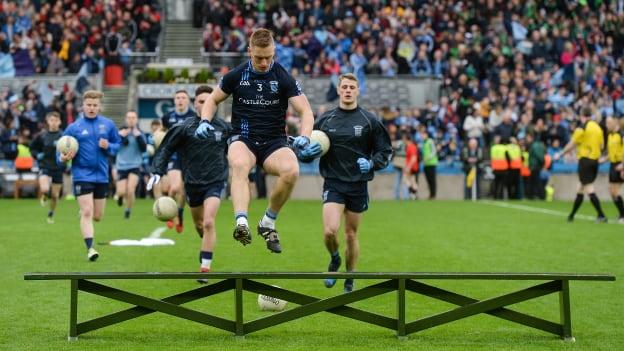 Westport's Kevin Keane vaults a bench before the 2017 AIB Intermediate Club Football Final. 