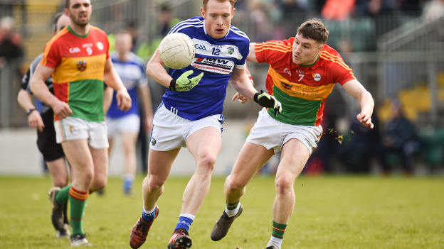 Brian Glynn of Laois in action against Ciaran Moran of Carlow during the Allianz Football League Division 4 Round 7 match between Carlow and Laois at Netwatch Cullen Park in Carlow. 