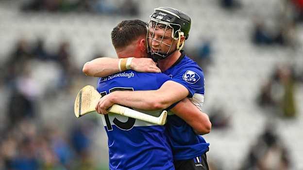 Sarsfields' James Sweeney and Daniel Meaney celebrate following Sunday's Cork SHC Quarter-Final win over Blackrock at Páirc Uí Chaoimh. Photo by Eóin Noonan/Sportsfile