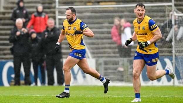 Donie Smith of Roscommon, left, and teammate Diarmuid Murtagh celebrate their side's second goal during the Connacht GAA Football Senior Championship Quarter-Final match between Mayo and Roscommon at Hastings Insurance MacHale Park in Castlebar, Mayo. Photo by Ramsey Cardy/Sportsfile