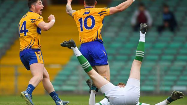 Kieran Malone celebrates after scoring a first half goal for Clare at the Gaelic Grounds.