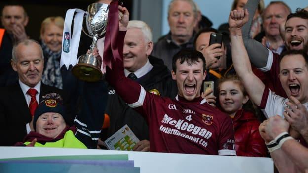 Cushendall's Paddy Burke and John McKillop lift the Four Seasons cup following the 2018 AIB Ulster GAA Hurling Senior Club Hurling Final win over Ballycran. Photo by Oliver McVeigh/Sportsfile