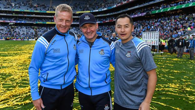 Dublin manager Jim Gavin pictured with team coaches Declan Darcy (l) and Jason Sherlock after the 2017 All-Ireland SFC Final victory over Mayo. 