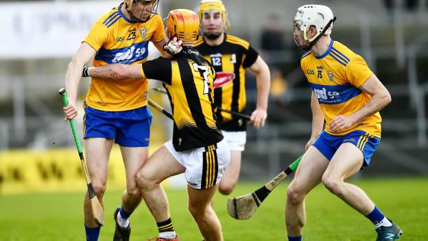 Eoin Guilfoyle, Clare, and Darren Mullen, Kilkenny, in Allianz Hurling League action.
