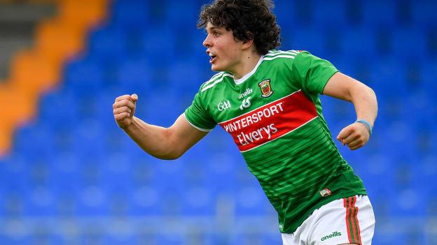Rory Morrin of Mayo celebrates after scoring his side's fifth goal of the game during the Electric Ireland GAA Football All-Ireland Minor Championship Quarter-Final match between Mayo and Dublin at Glennon Brothers Pearse Park in Longford.