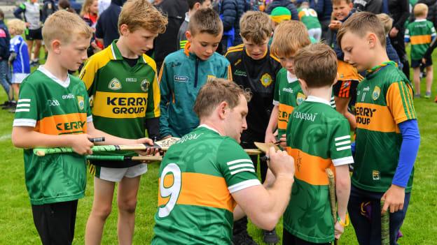 Podge Boyle of Kerry signs autographs for supporters after the 2022 GAA Hurling All-Ireland Senior Championship Preliminary Quarter-Final match between Kerry and Wexford at Austin Stack Park in Tralee, Kerry.