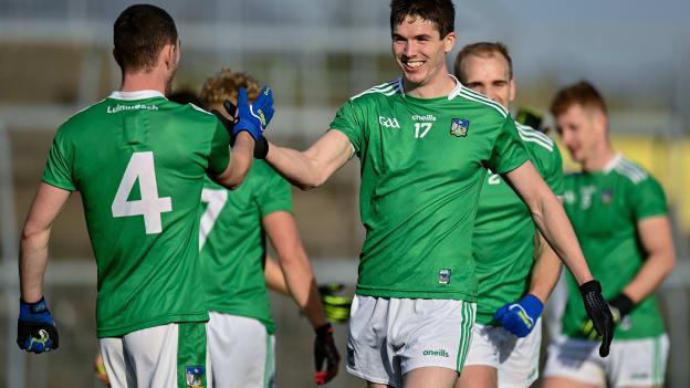 Michael Donovan, right, and Paul Maher of Limerick celebrate following the Allianz Football League Division 4 Round 7 match between Sligo and Limerick at Markievicz Park in Sligo. 