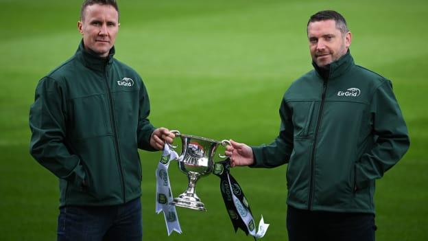 Brian Flanagan, U20 Kildare manager, left, and Paul Henry, U20 Sligo manager, are pictured at Croke Park in Dublin, ahead of the EirGrid GAA Football U20 All-Ireland Final this Saturday. EirGrid, the state-owned company charged with securing the transition of Ireland’s electricity grid to a low carbon future, has been a proud partner of the GAA since 2015. Photo by David Fitzgerald/Sportsfile.