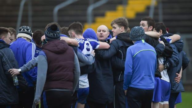 Malachy O Rourke talks to the Monaghan panel after the game in Clones.