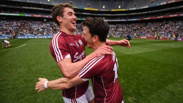 Michael Daly celebrates with Sean Armstrong following the Allianz Football League Division Two Final win over Kildare at Croke Park.