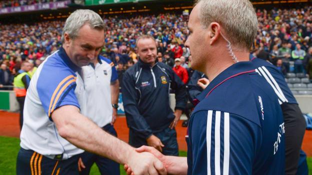 Michael Ryan and Mícheál Donoghue shake hands following the 2017 All Ireland SHC Semi-Final.