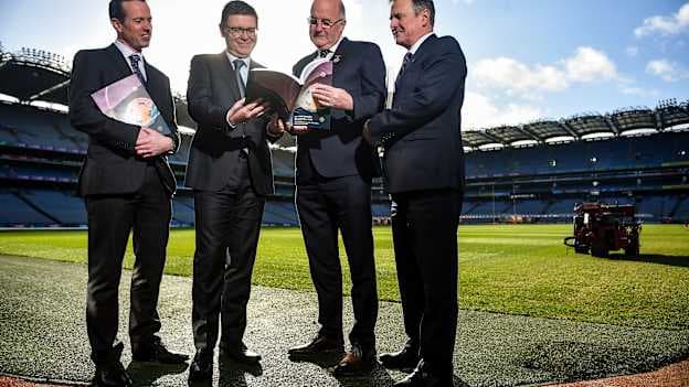 Uachtarán Chumann Lúthchleas Gael John Horan alongside, from left, Director of Finance of the GAA Ger Mulryan, Ard Stiúrthóir of the GAA Tom Ryan, and Commercial Director of the GAA and Croke Park Stadium Director Peter McKenna.
