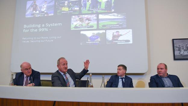 Committee Chair Michael Dempsey, second from left, with from left to right, Uachtaráin Cumann Lúthchleas Gael John Horan, In-Coming GAA Director of Games Development Shane Flanagan and Committee Member Brian Cuthbert at the Launch of GAA Talent Academy and Player Development report at Croke Park in Dublin. 