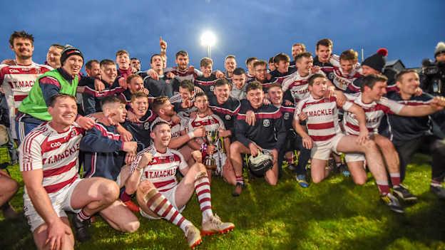 The Slaughtneil team celebrate after winning the 2019 Ulster GAA Hurling Senior Club Championship Final match between Slaughtneil and Dunloy at Páirc Esler, Newry, Co Down.