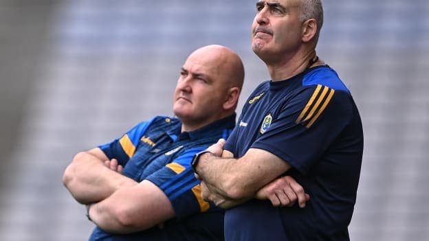 Roscommon manager Francis O'Halloran and selector Tommy Guilfoyle during the 2022 Nickey Rackard Cup Final at Croke Park. Photo by Piaras Ó Mídheach/Sportsfile