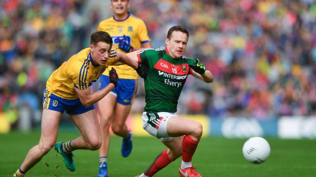 Andy Moran, Mayo, and Niall McInerney, Roscommon, during the drawn encounter at Croke Park.