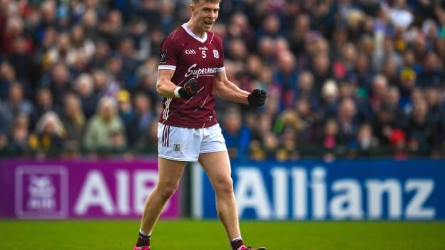 Dylan McHugh of Galway celebrates at the final whistle after his side's victory in during the Connacht GAA Football Senior Championship Semi-Final match between Roscommon and Galway at Dr Hyde Park in Roscommon. Photo by Seb Daly/Sportsfile.