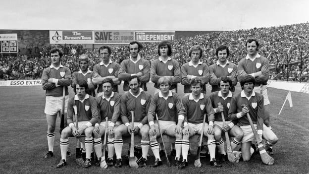 Resplendent in their new socks, the 1973 Limerick All-Ireland winning team - back row, left to right, Richie Bennis, Liam O'Donoghue, Jim O'Brien, Pat Hartigan, Joe McKenna, Eamonn Cregan, Willie Moore, Ned Rea, front row, left to right, Seán Foley, Mossy Dowling, Bernie Hartigan, Eamonn Grimes, Phil Bennis, Frankie Nolan, and Séamus Horgan.