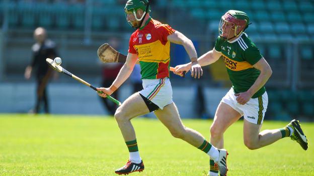Paul Coady, Carlow, and Sean Weir, Kerry, in Joe McDonagh Cup action at Netwatch Cullen Park.