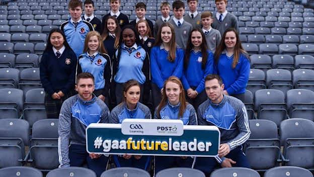 Galway hurler Aidan Harte, Galway camogie player Ava Lynskey, Dublin ladies footballer Ciara Trant and Dublin footballer Dean Rock alongside pupils from St Joseph's Drogheda, Gort Community School, Colaiste Chiarain Croom in Limerick, St Michaels Holy Faith in Finglas, St Macartans in Monaghan and Oatlands College Mount Merrion in Co. Dublin during the Future Leaders Transition Year Programme Launch at Croke Park in Dublin. 