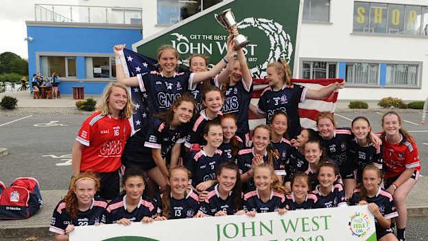 New York players celebrate after winning the Girls Division 2 Final at the John West Peile na nÓg.