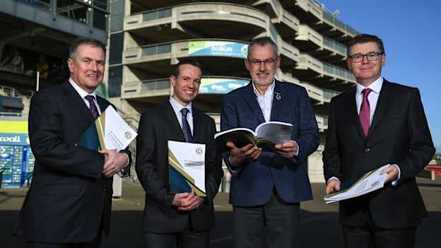Attendees, from left, GAA commercial director & Croke Park stadium director Peter McKenna, GAA director of finance Ger Mulryan, Uachtarán Chumann Lúthchleas Gael Larry McCarthy and Ard Stiúrthóir of the GAA Tom Ryan at the GAA/Croke Park financial reports and director general’s annual report media briefing at the GAA Museum in Croke Park, Dublin.