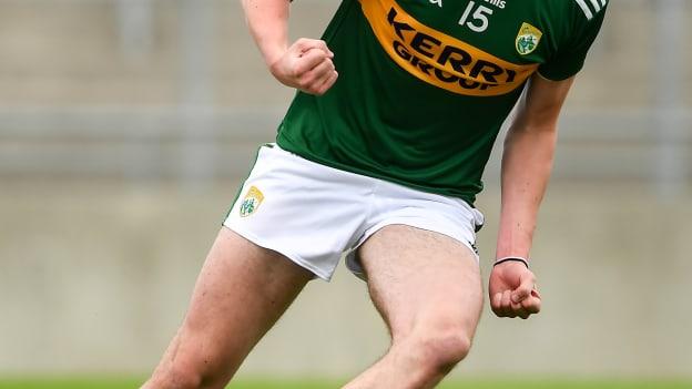 Emmet O'Shea of Kerry celebrates after scoring his side's first goal during the Electric Ireland GAA Football All-Ireland Minor Championship Quarter-Final match between Kerry and Tyrone at Bord Na Mona O'Connor Park in Tullamore, Offaly. 