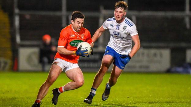 Aidan Forker, Armagh, and Andrew Woods, Monaghan, in Dr McKenna Cup action at the Athletic Grounds.