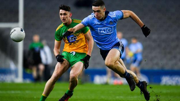 Michael Langan, Donegal, and Brian Fenton, Dublin, in Allianz Football League action at Croke Park.