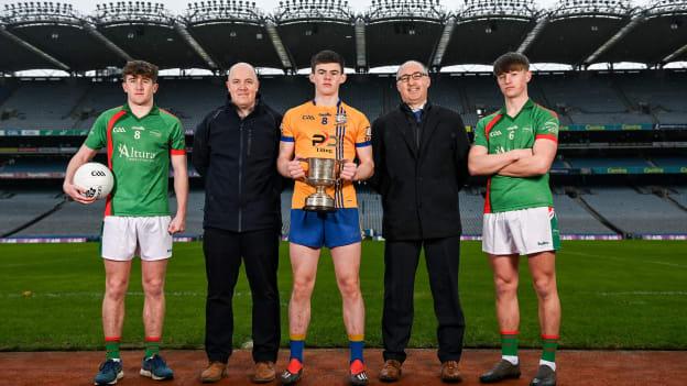 In attendance at the Masita GAA All-Ireland Post Primary Schools Championships captain's call at Croke Park in Dublin are Oisin Monaghan of Patrician High School, Monaghan, centre, and Brian Cushe and Jack Higgins of Gorey Community School, Wexford, with Declan Smith of Masita Ireland and Chair of the GAA National Post Primary Schools Committee Liam O’Mahony.