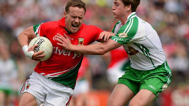 Andy Moran, Mayo, and one of London's most prominent homegrown players Philip Butler during the 2014 Connacht SFC Final at Elverys MacHale Park, Castlebar.