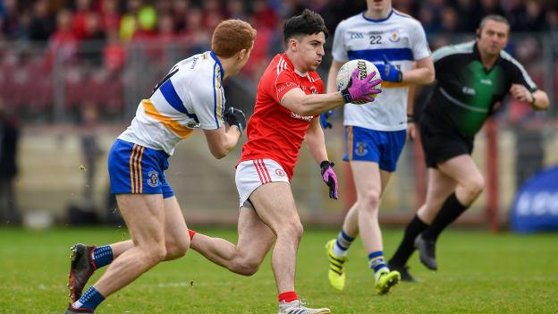 Lee Brennan, Trillick, and Peter Harte, Errigal Ciaran, during the Tyrone SFC Final at Healy Park.