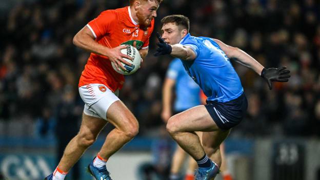 Jason Duffy, Armagh, and John Small, Dublin, in Allianz Football League Division One action at Croke Park.