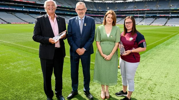 Left to right, Poc Fada Hall of Fame recipient, Pat Hartigan, Uachtarán Cumann Luthchleas Gael, Larry McCarthy, Uachtarán an Cumann Camógaíochta, Hilda Breslin, and Poc Fada Hall of Fame recipient, Stephanie Gannon pictured at the launch of the M. Donnelly 2023 All-Ireland Poc Fada Finals. 