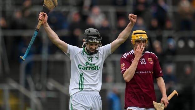 Conor Kelly of O’Loughlin Gaels celebrates at the final whistle after his side's victory in the AIB GAA Hurling All-Ireland Club Championship semi-final match between O'Loughiln Gaels, Kilkenny, and Ruairí Óg Cushendall, Antrim, at Páirc Tailteann in Navan, Meath. Photo by Seb Daly/Sportsfile