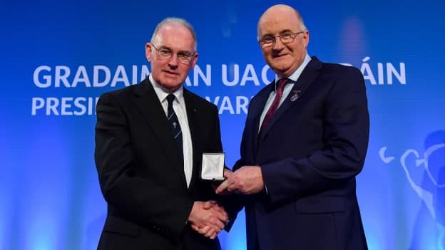 Br James Dormer being presented with the Education Award by Uachtarán Chumann Lúthchleas Gael John Horan during the GAA President's Awards at Croke Park last March.