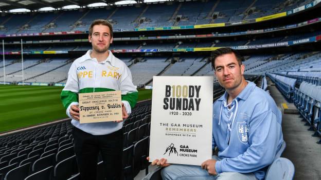 Tipperary footballer Bill Maher and Dublin footballer Michael Darragh MacAuley remember the 14 victims who lost their lives in the Bloody Sunday tragedy 100 years on at the launch of the GAA Museum’s Bloody Sunday centenary events series at Croke Park. 