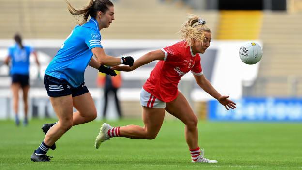 Sadhb O'Leary, Cork, and Martha Byrne, Dublin, during the Ladies Football National League Division One Final at Croke Park.