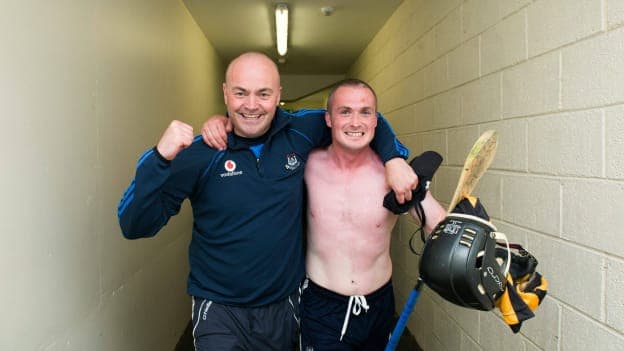 Dublin manager Anthony Daly and David 'Dotsy' O'Callaghan celebrate as they make their way to the dressing room after victory over Kilkenny in the 2013 Leinster SHC semi-final. 