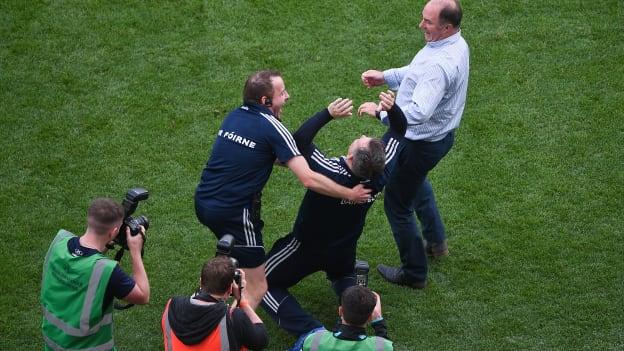 Seoirse Bulfin and Davy Fitzgerald celebrate following Wexford's Leinster SHC Final win in 2019 at Croke Park. Photo by Daire Brennan/Sportsfile