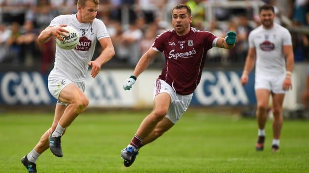 Peter Kelly, Kildare, and Cathal Sweeney, Galway, during the 2018 All Ireland SFC Quarter-Final Group Phase encounter at St Conleth's Park.