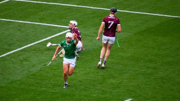 Aaron Gillane of Limerick celebrates scoring his side's second goal during the GAA Hurling All-Ireland Senior Championship semi-final match between Limerick and Galway at Croke Park in Dublin. Photo by Ray McManus/Sportsfile.