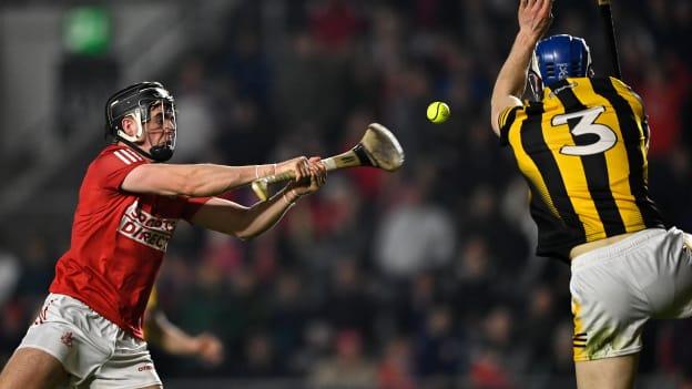Darragh Fitzgibbon, Cork, and Huw Lawlor, Kilkenny, during Saturday's Allianz Hurling League semi-final at Páirc Uí Chaoimh.