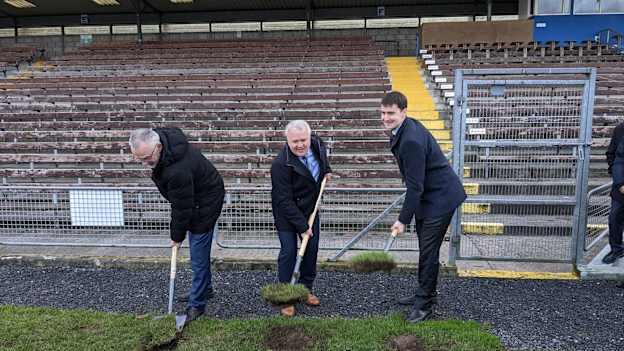 GAA President Larry McCarthy, Waterford GAA Chairperson Seán Michael O’Regan and Minister of State for Sports , Jack Chambers, turning the sod on the redevelopment of Walsh Park.