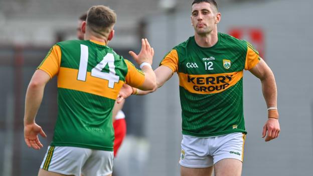 Kerry's Paul Geaney and Dara Moynihan celebrate at Fitzgerald Stadium.