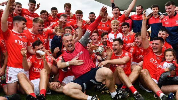 Shinrone manager and former Kilcormac-Killoughey player Trevor Fletcher celebrates with his players after their side's victory in the Offaly SHC final this afternoon in Tullamore. 