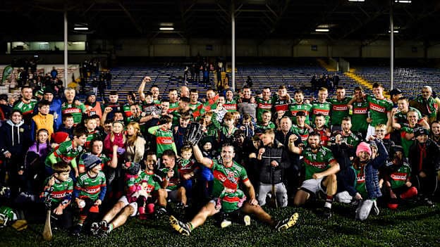 Loughmore/Castleiney players celebrate with the trophy after the Tipperary County Senior Club Hurling Championship Final Replay match between Thurles Sarsfields and Loughmore/Castleiney at Semple Stadium in Thurles, Tipperary.