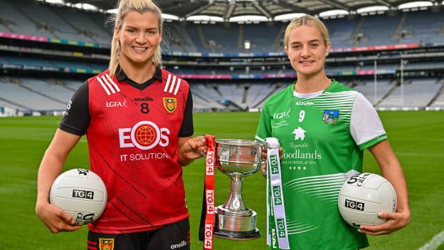 In attendance at the 2023 TG4 All-Ireland Ladies Football Championship Finals Captains Day are Meghan Doherty of Down, left, and Róisin Ambrose of Limerick at Croke Park in Dublin. Photo by Sam Barnes/Sportsfile